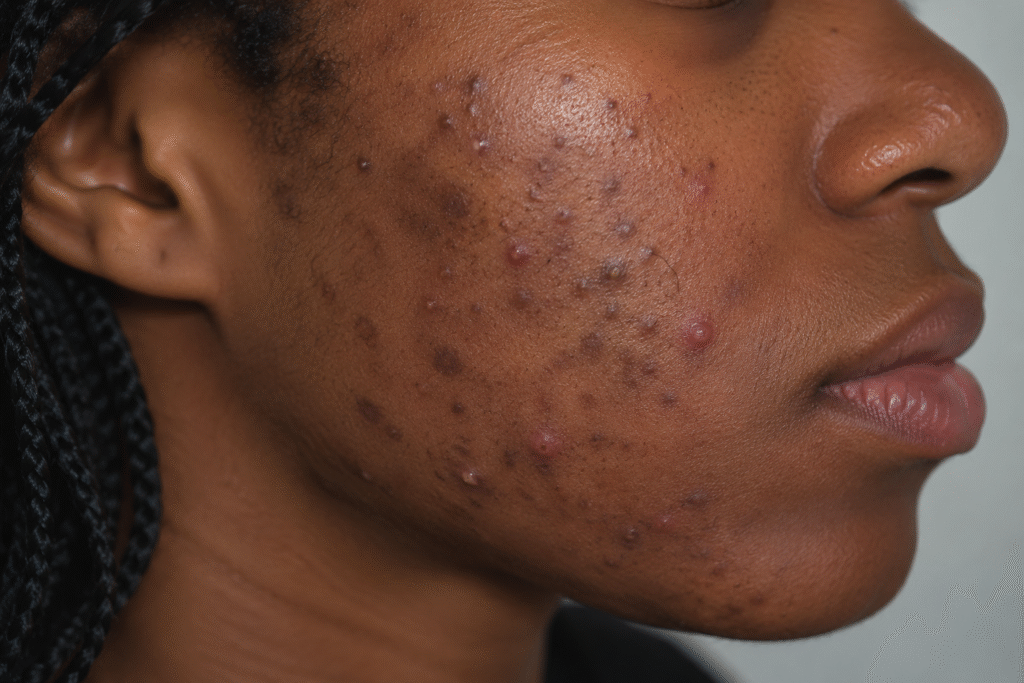 Close-up of cystic acne and post-inflammatory hyperpigmentation on a patient's cheek